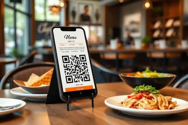 Un chevalet portant un QR code de menu, posé sur une table de restaurant.